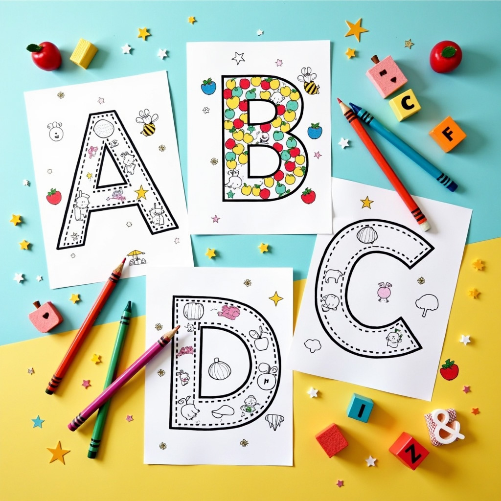 Alphabet coloring sheet with hidden letter games in animal illustrations