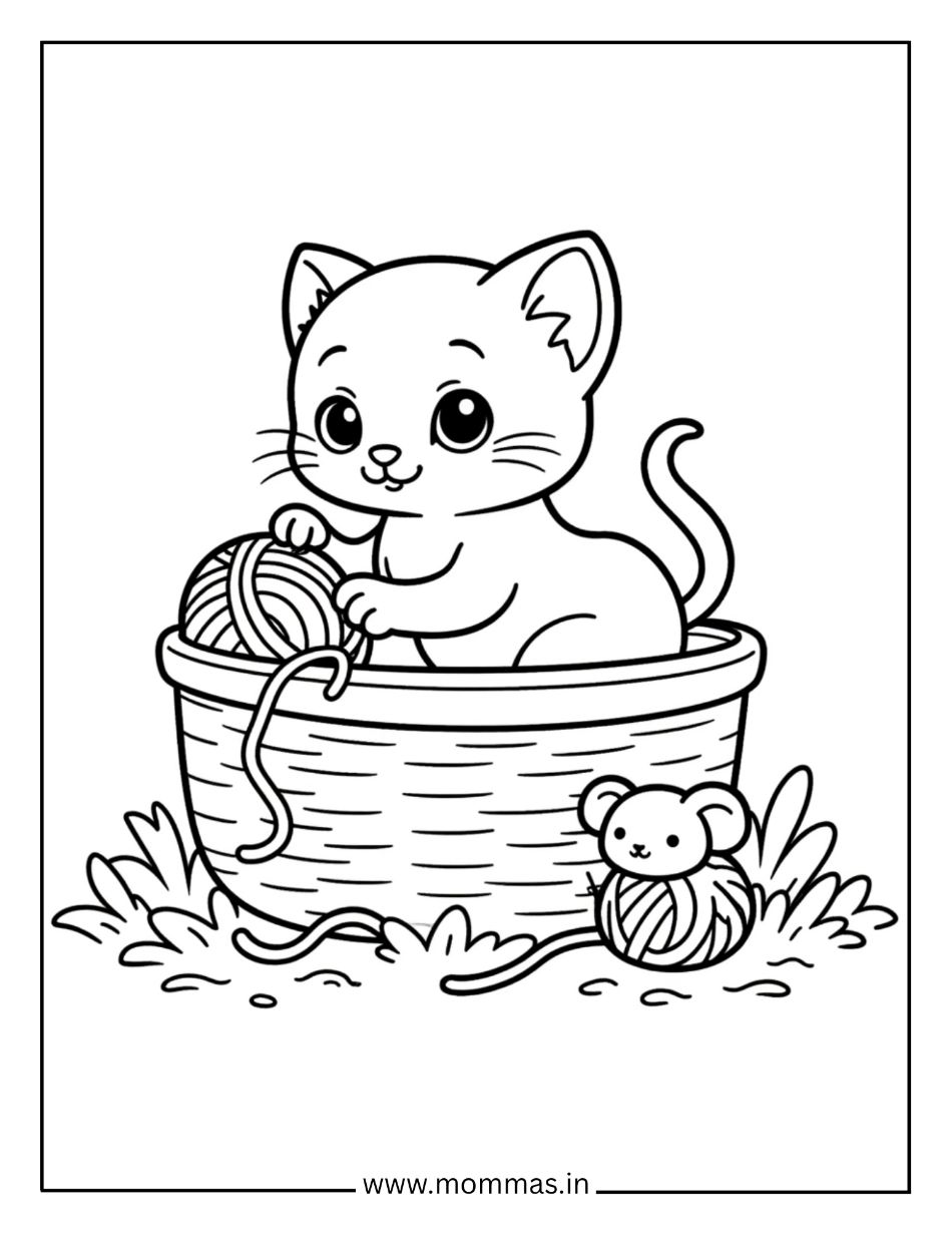 Printable cat coloring pages featuring cute kitten in basket with yarn ball and mouse toy for pet fun.