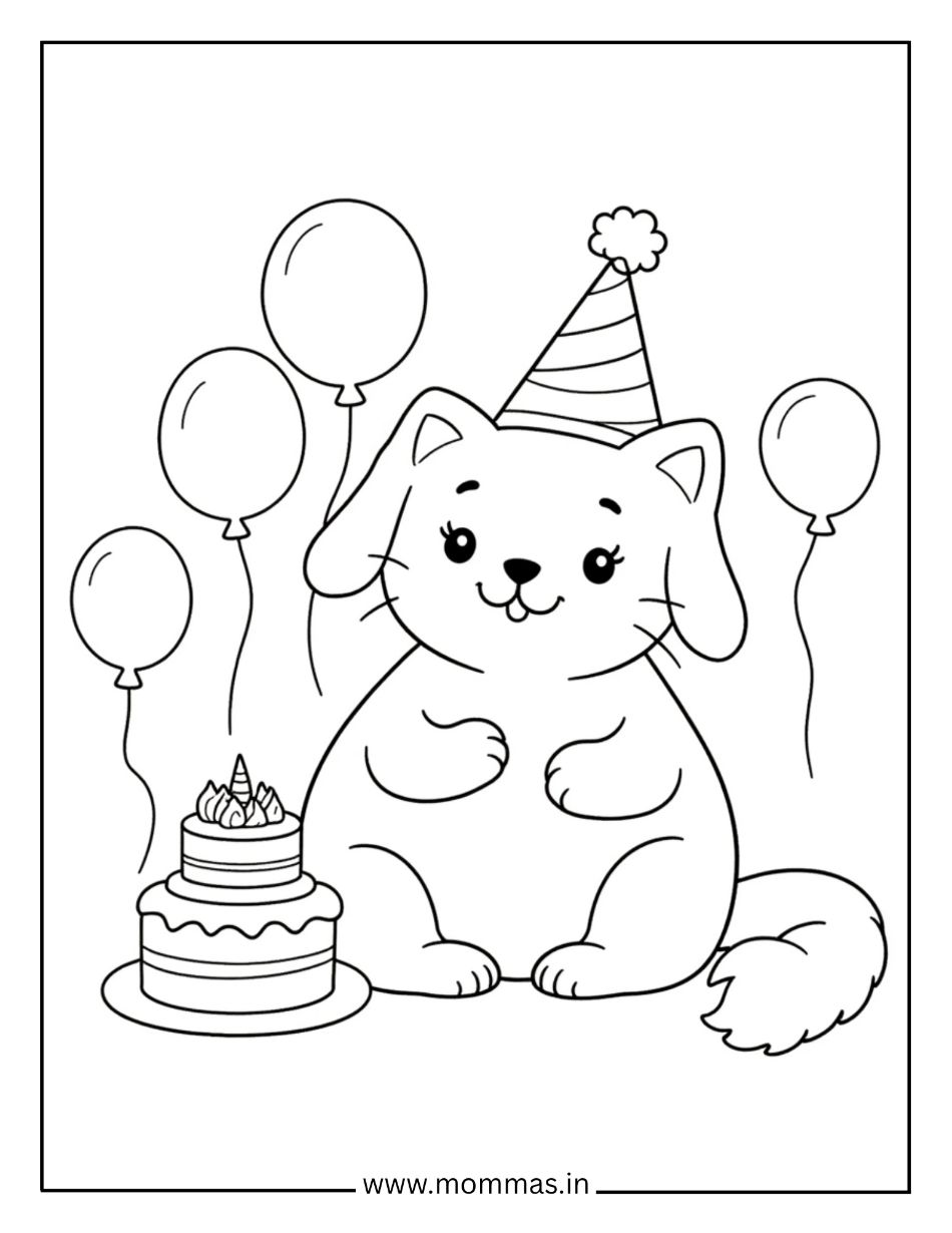 Festive cat coloring pages showing birthday cat with party hat, cake and balloons for celebration themes.