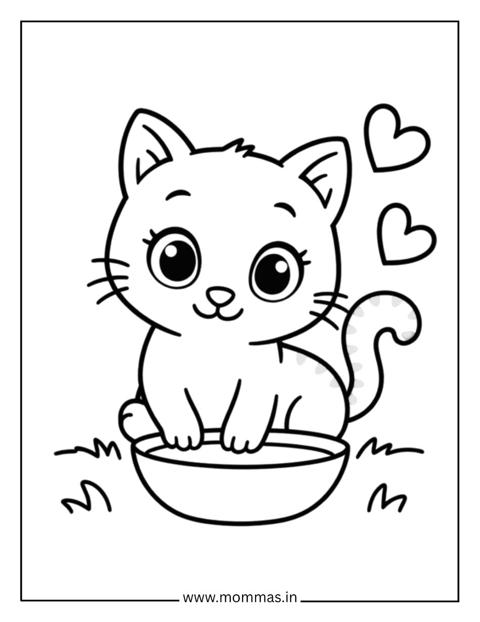 Printable cat coloring pages featuring cute kitten in bowl with hearts for pet care and love themes
