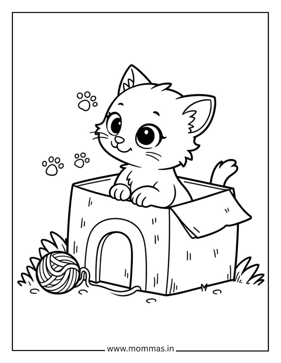Cute cat coloring pages showing kitten in cardboard box with yarn ball and paw prints for playful exploration.
