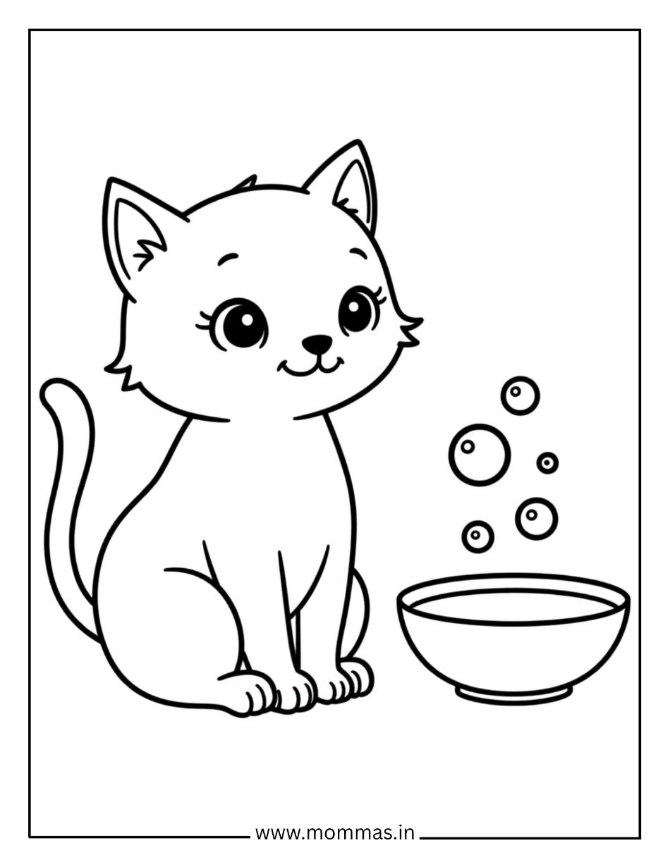 Clean cat coloring pages featuring cat with water bowl and bubbles for hygiene and care themes.