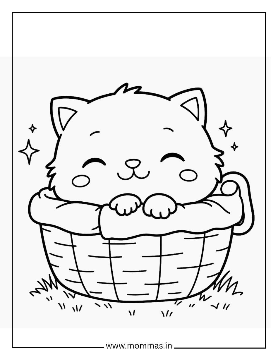 Cute cat coloring pages featuring cozy kitten in wicker basket with sparkles for comfort themes.