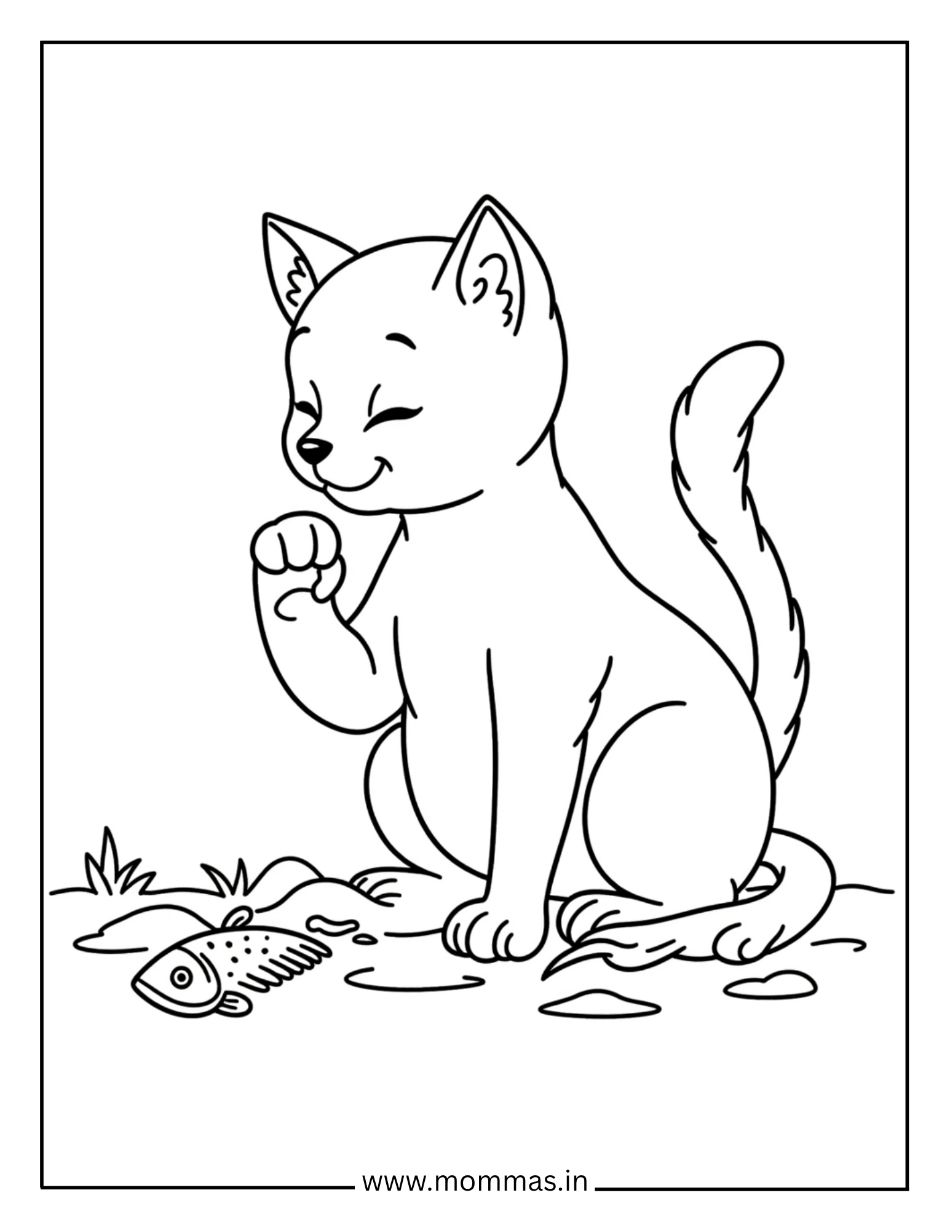 Gentle cat coloring pages featuring cat with fish friend in peaceful setting for friendship learning themes.