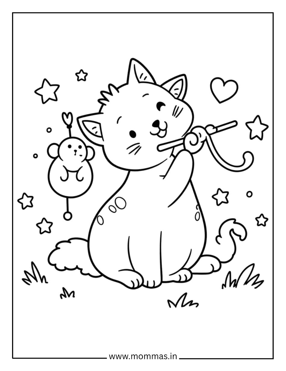 Fun cat coloring pages showing cat with fishing rod monkey toy and hearts for interactive play themes.