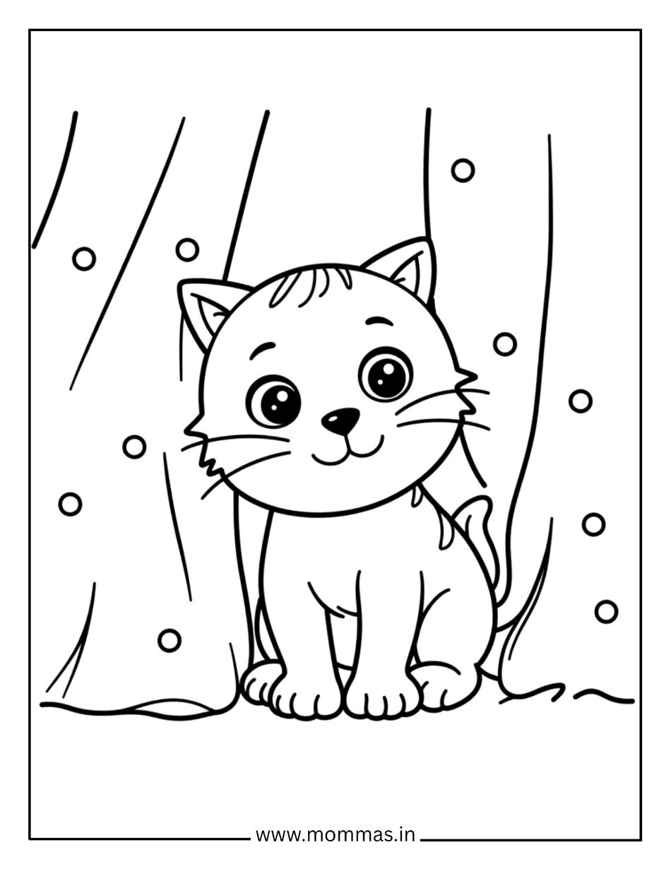 Peaceful cat coloring pages showing kitten in forest with floating bubbles and nature elements for outdoor fun.