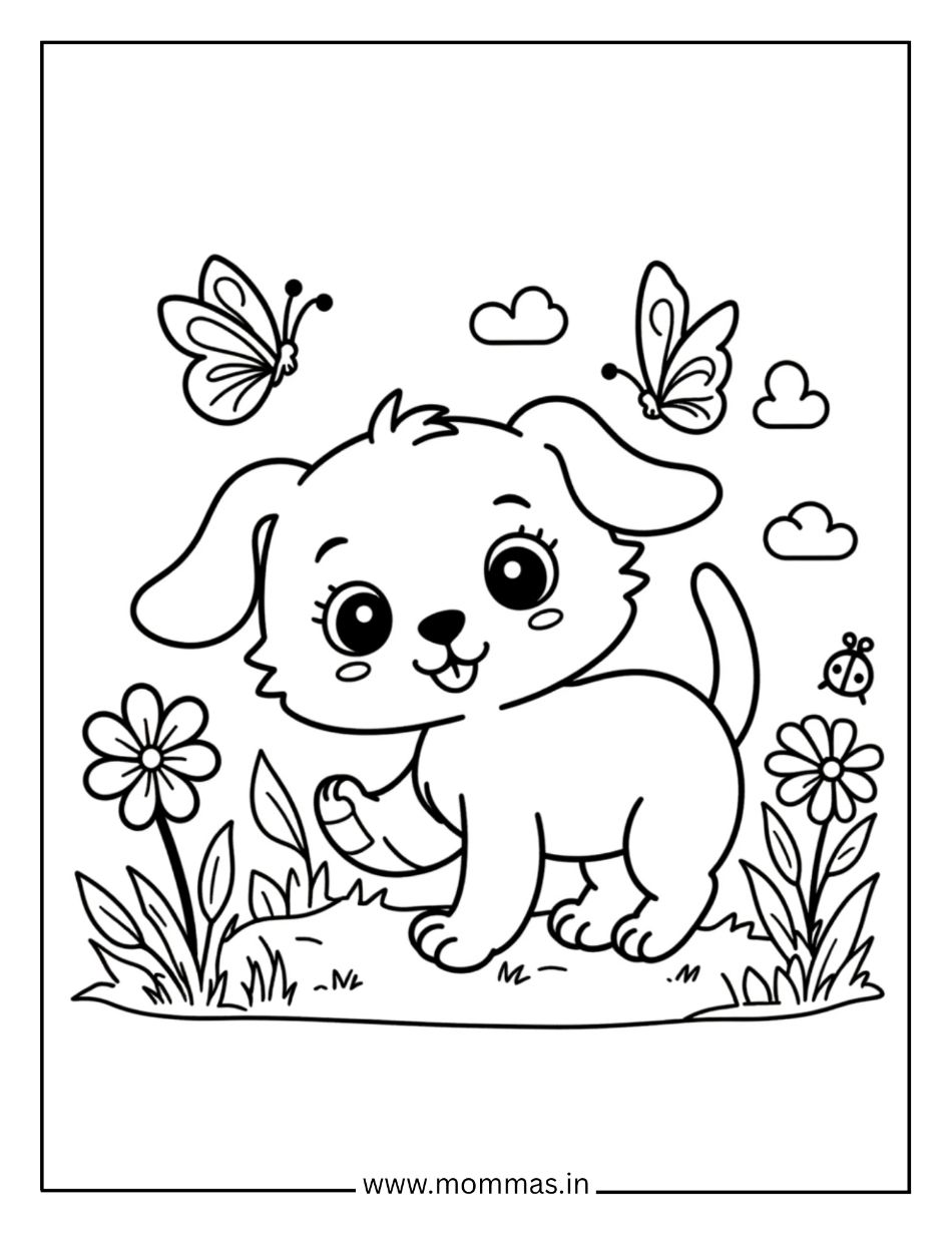 Adorable cat coloring pages featuring garden puppy with butterfly friends and flowers for nature exploration.