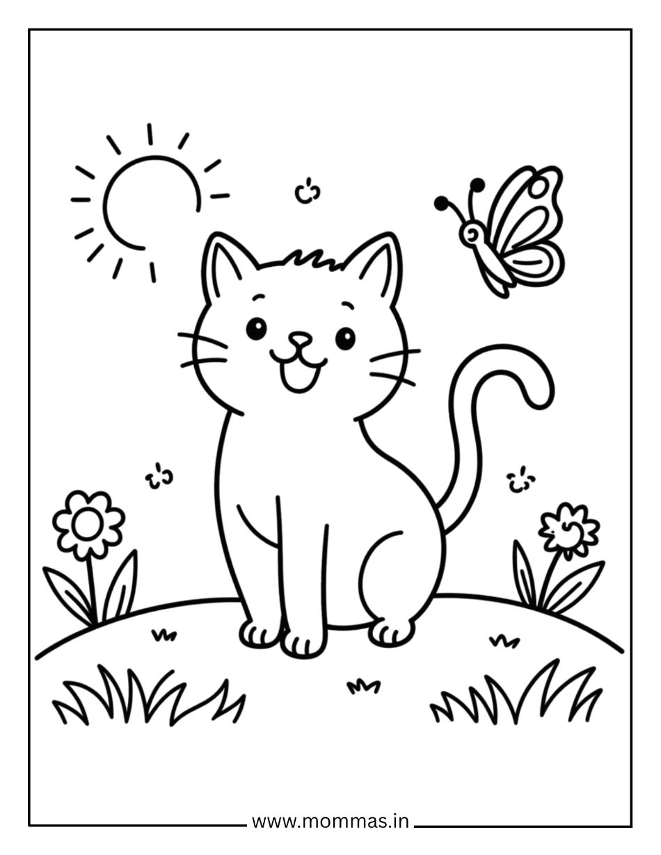 Cheerful cat coloring pages featuring garden cat with sunshine, butterfly and flowers for nature exploration.