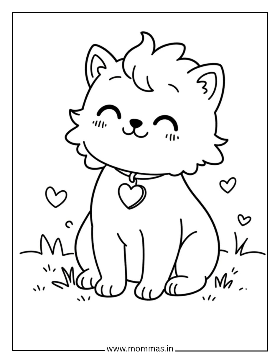 Sweet cat coloring pages featuring fluffy kitten with heart collar and love hearts for affection themes.