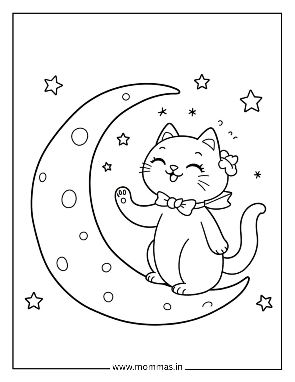 Magical cat coloring pages showing dapper cat with bow tie on crescent moon with stars for nighttime themes.