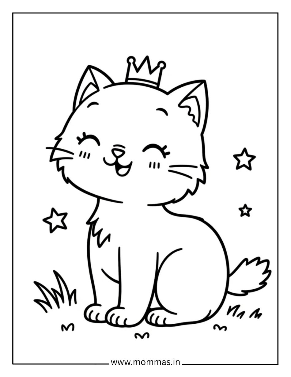 Printable cat coloring pages featuring princess kitten with crown and stars for royal fantasy fun.