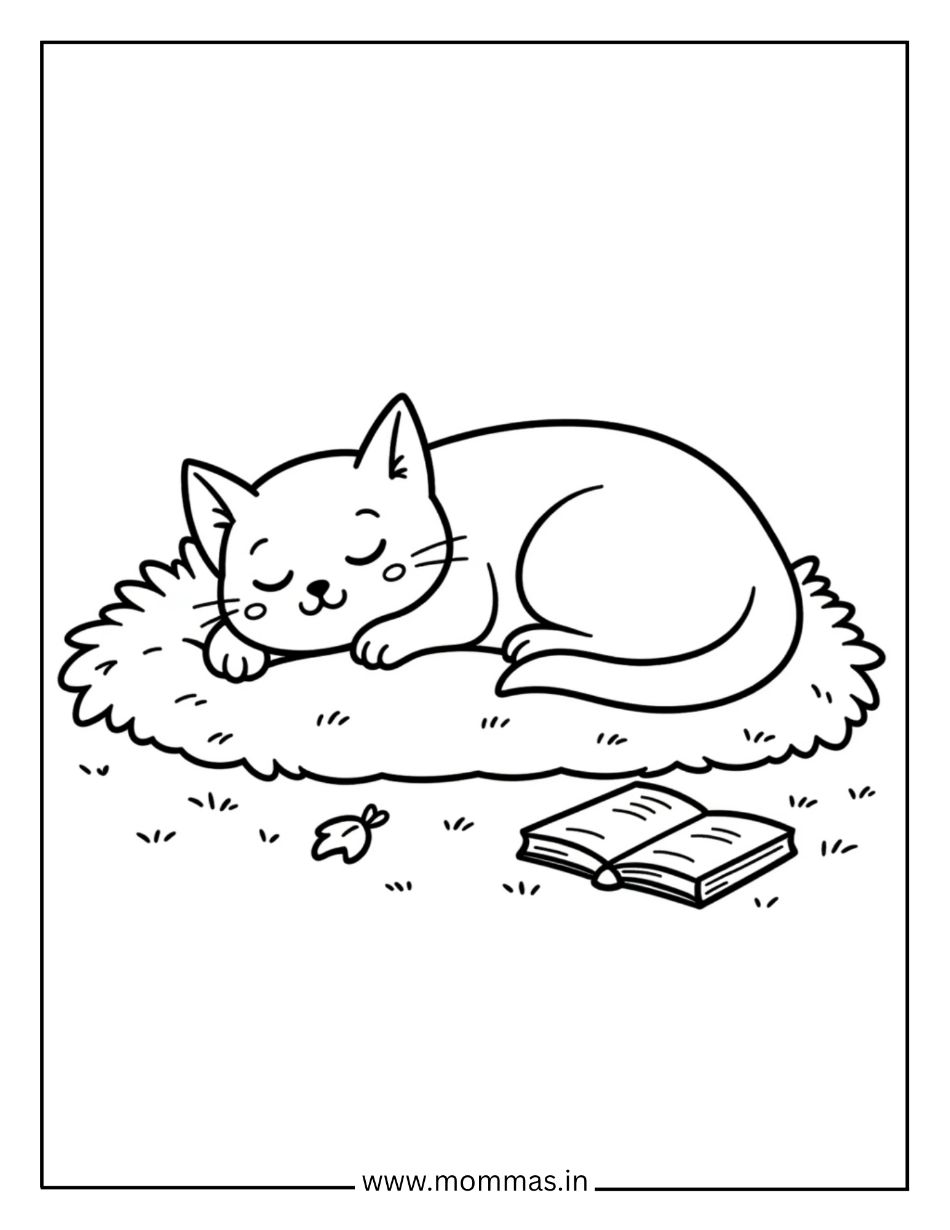 Peaceful cat coloring pages showing sleeping cat on bed with book for bedtime and reading themes.