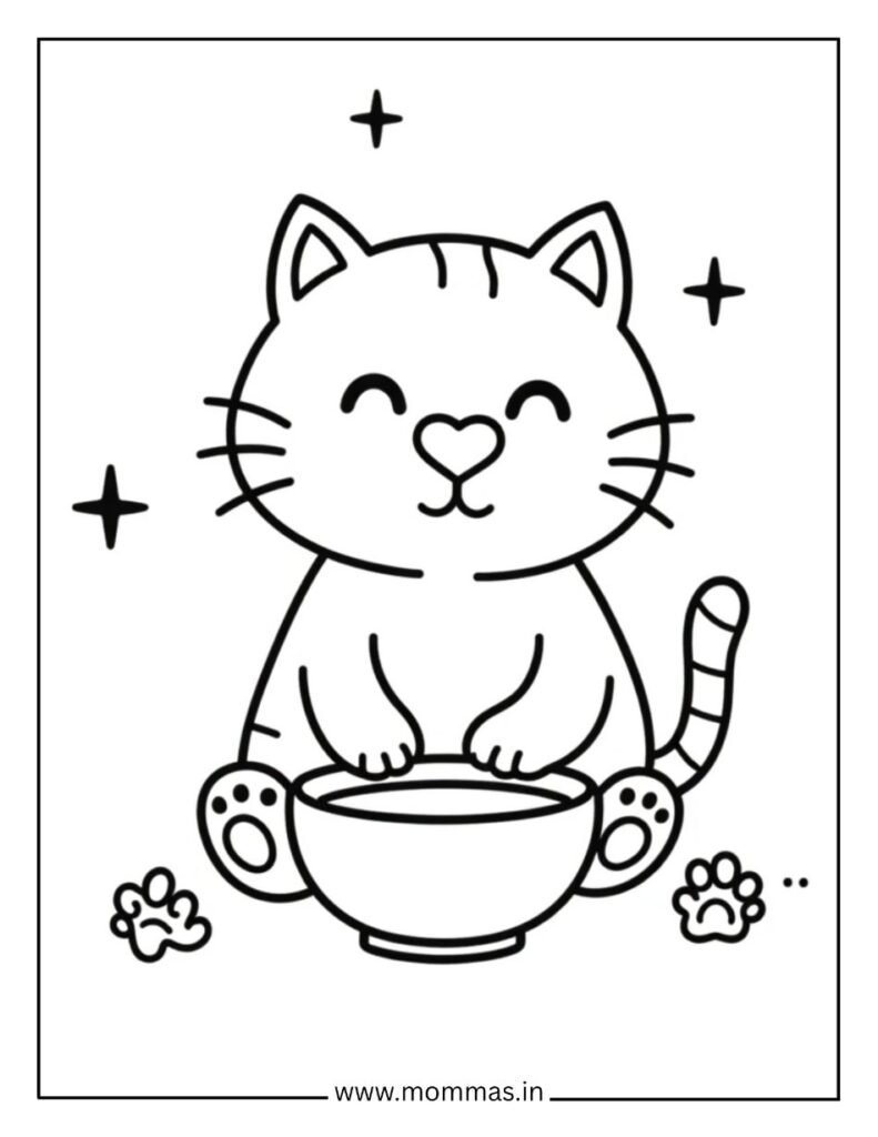 Cute cat coloring pages showing kitten with teacups, stars and paw prints for magical tea party themes.