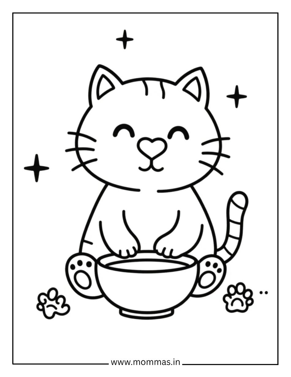 Cute cat coloring pages showing kitten with teacups, stars and paw prints for magical tea party themes.