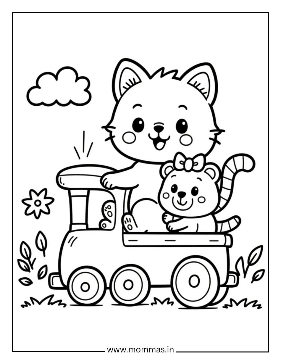Printable cat coloring pages featuring conductor cat driving train with teddy bear passenger and flowers for adventure themes.