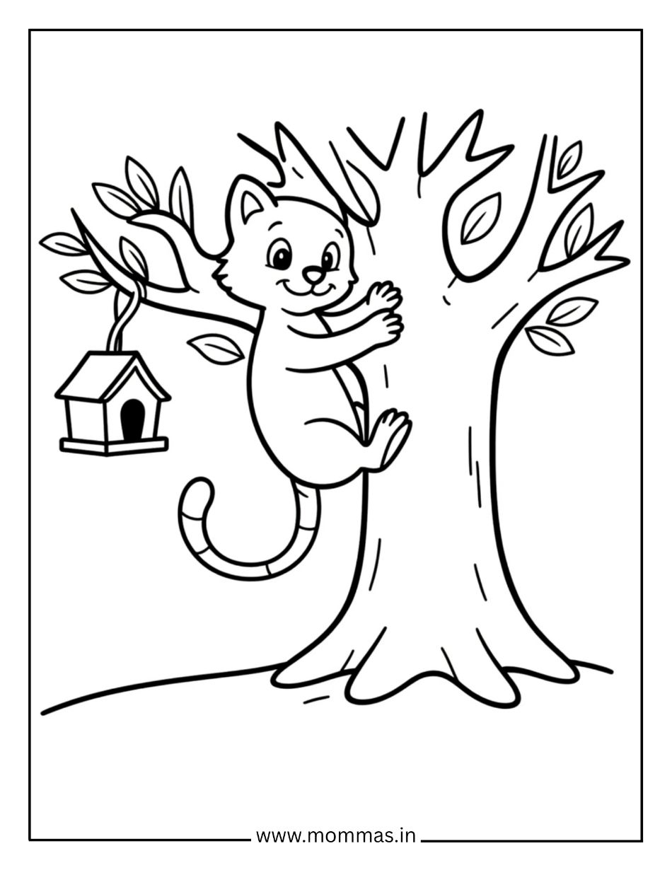 Adventure cat coloring pages featuring climbing cat on tree trunk with birdhouse and leaves for outdoor exploration.