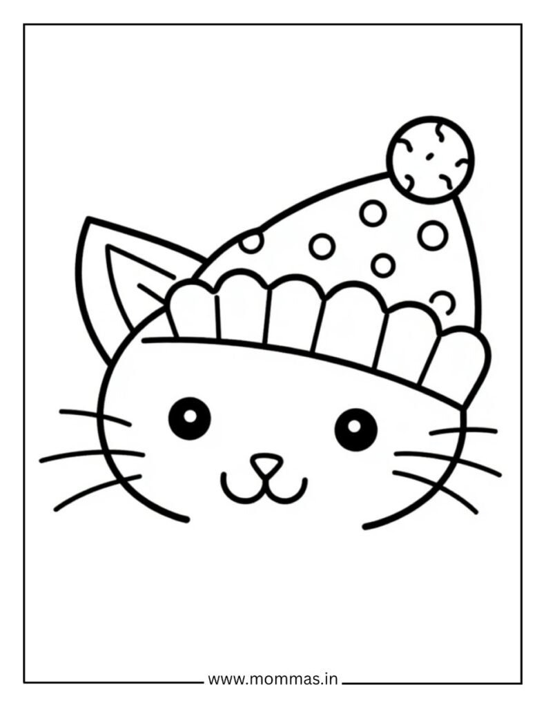 Cute cat coloring pages featuring cat face with winter hat and pom-pom for seasonal themes.