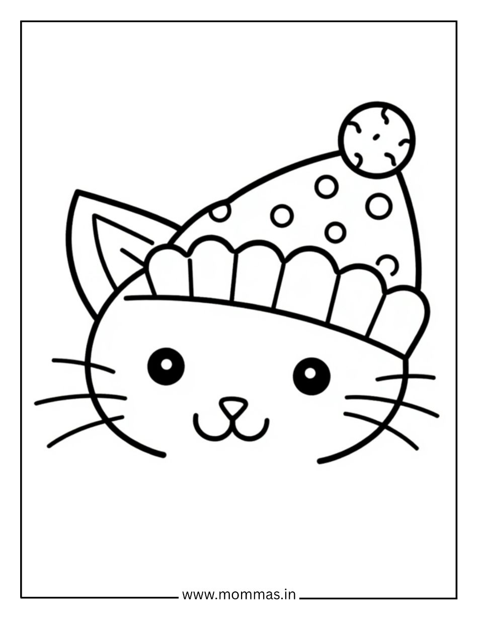 Cute cat coloring pages featuring cat face with winter hat and pom-pom for seasonal themes.