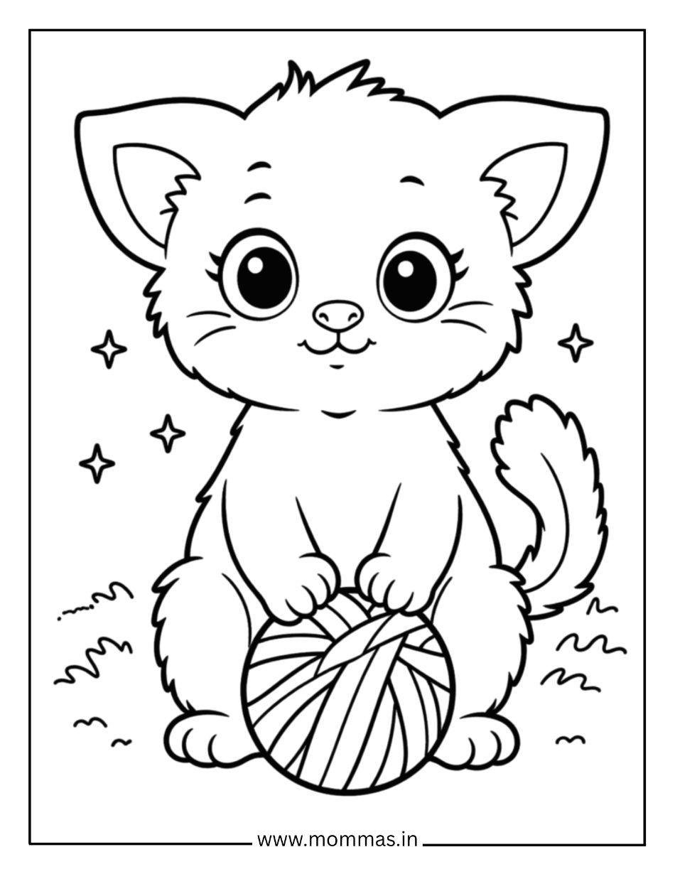 Printable cat coloring pages featuring cute kitten with yarn ball and stars for playful pet activities.