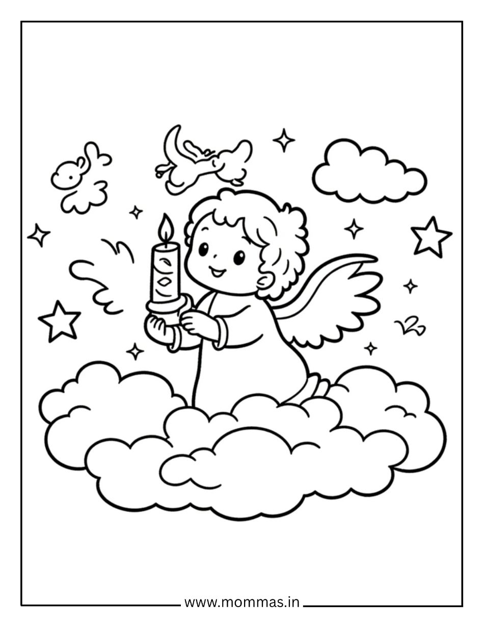 Heavenly Christmas coloring pages featuring angel with candle, dove and clouds for peaceful Christmas themes