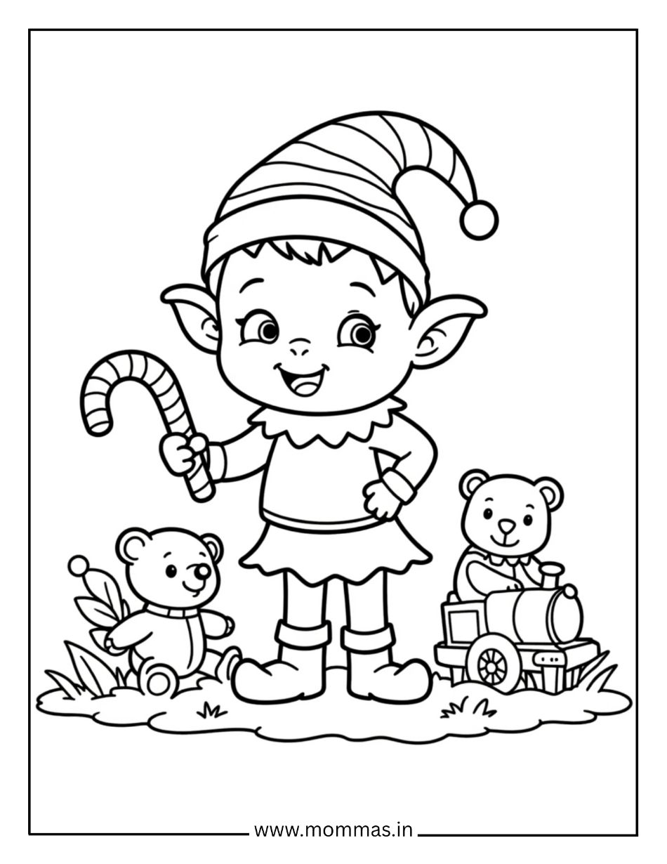 Cute Christmas coloring pages featuring cheerful elf with candy cane, teddy bears and toy train for holiday fun
