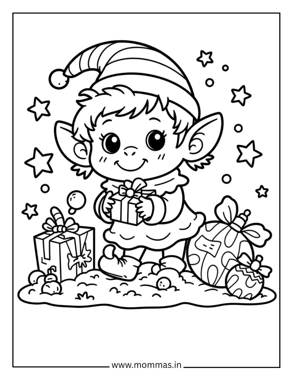 Festive Christmas coloring pages featuring Christmas elf with presents, stars and holiday decorations for workshop fun