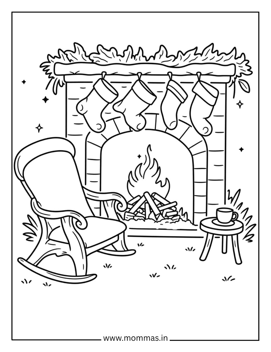 Printable Christmas coloring pages featuring cozy fireplace with stockings, rocking chair and fire for holiday home fun