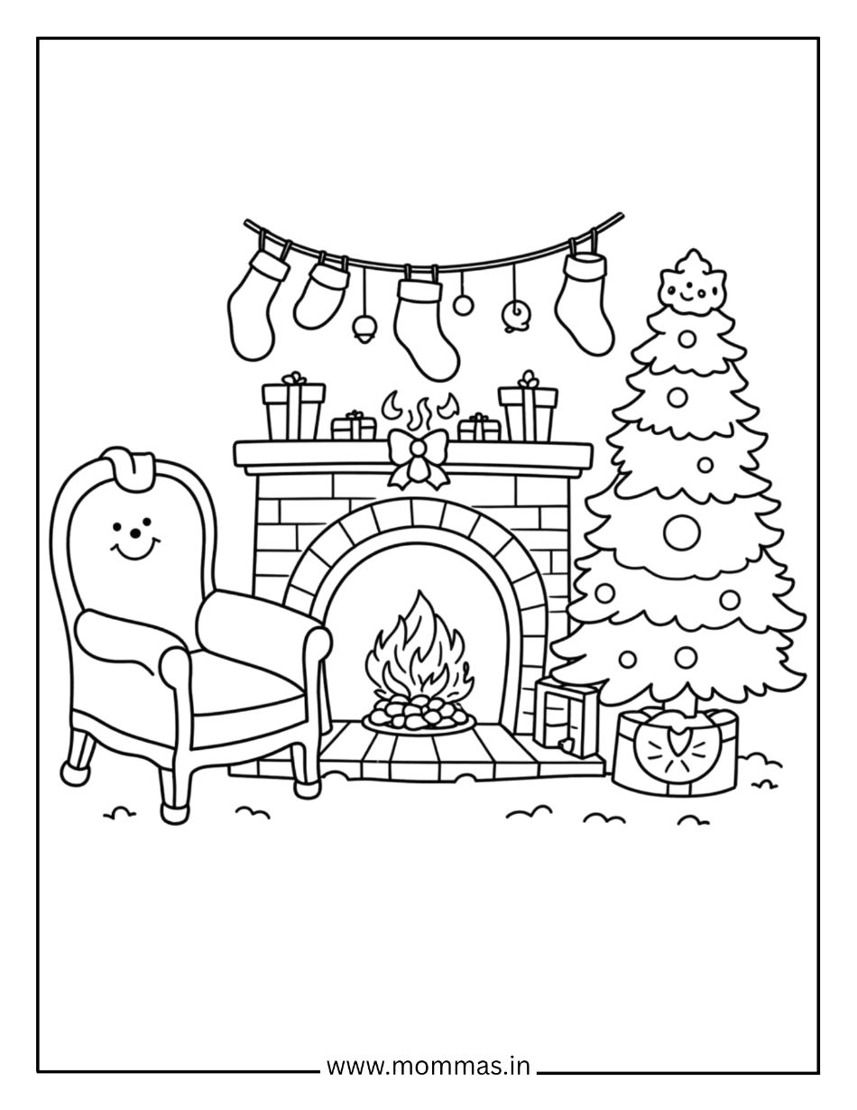 Traditional Christmas coloring pages showing fireplace room with stockings, Christmas tree and presents for home celebration