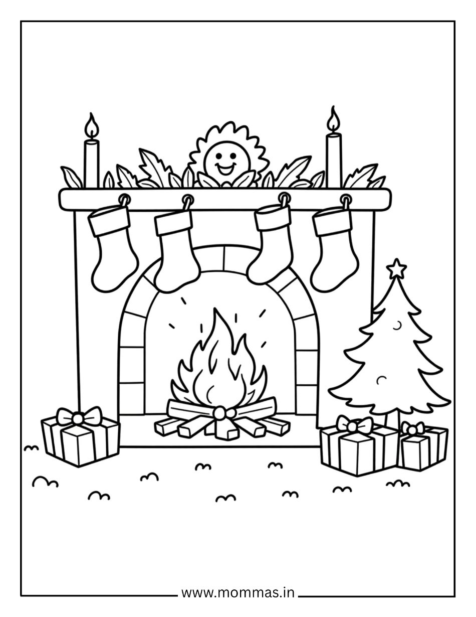 Beautiful Christmas coloring pages showing fireplace with stockings, presents and Christmas tree for holiday traditions