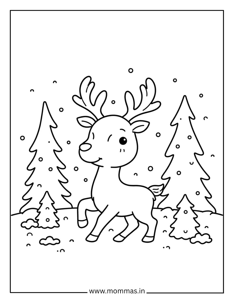 Magical Christmas coloring pages featuring reindeer in winter forest with Christmas trees and snow for outdoor adventure