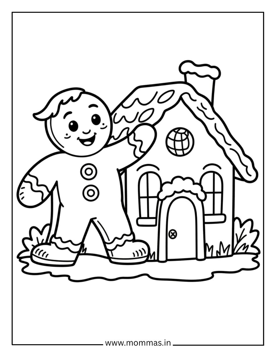 Sweet Christmas coloring pages featuring gingerbread man with gingerbread house and decorative icing for baking fun