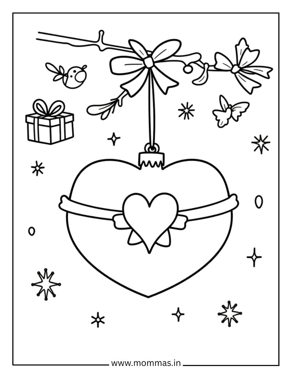 Festive Christmas coloring pages featuring heart ornament with ribbon, gift box and stars for decoration themes