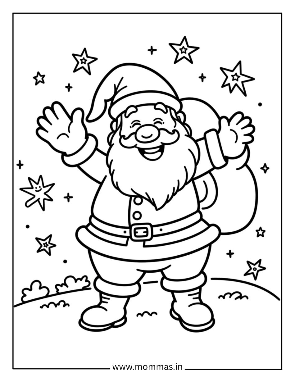 Festive Christmas coloring pages showing joyful Santa with open arms and Christmas stars for holiday celebration.