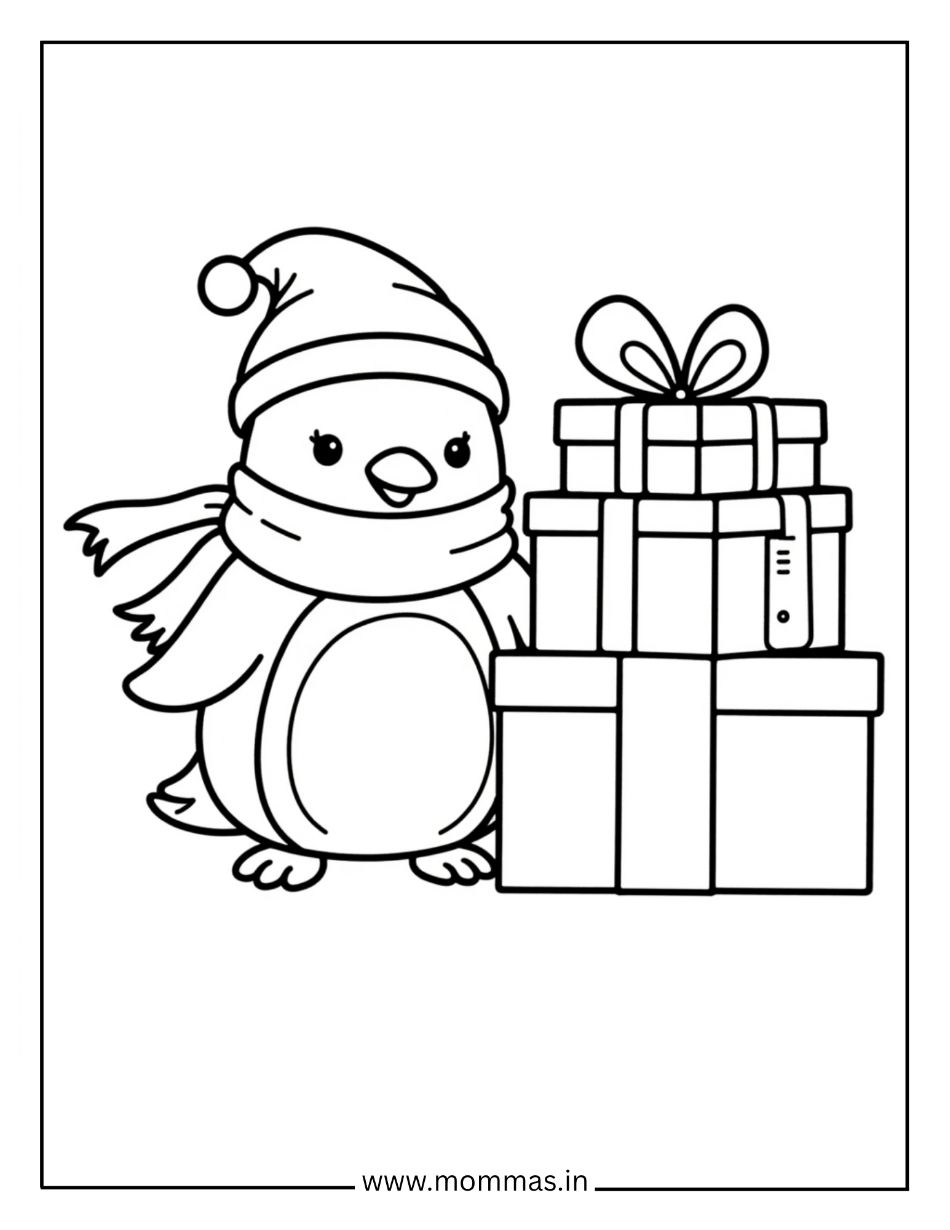 Cute Christmas coloring pages showing penguin with Santa hat, scarf and wrapped presents for winter celebration fun