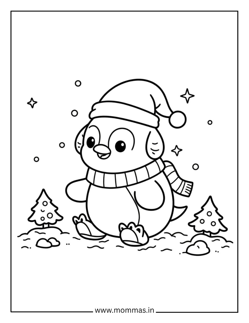 Cute Christmas coloring pages featuring penguin with Santa hat, scarf and Christmas trees for winter fun