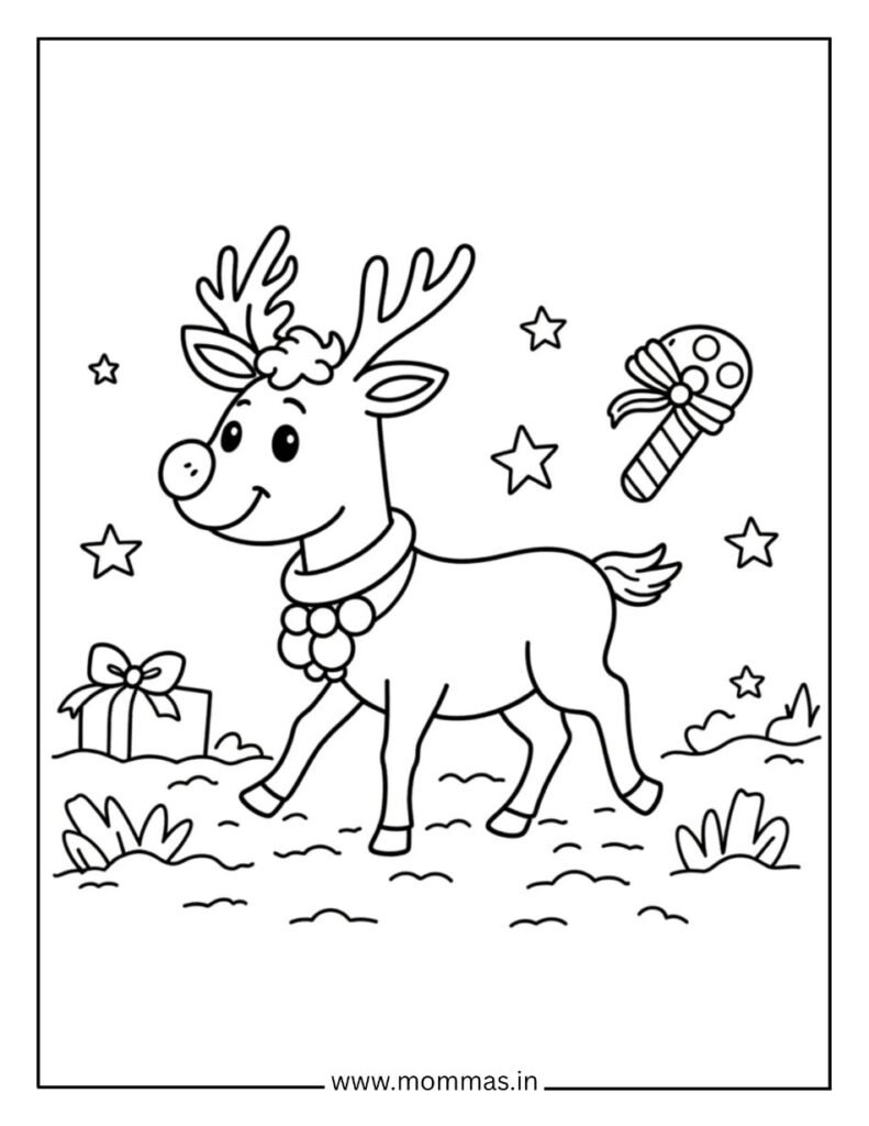 Printable Christmas coloring pages featuring cheerful reindeer with candy cane, stars and presents for holiday fun