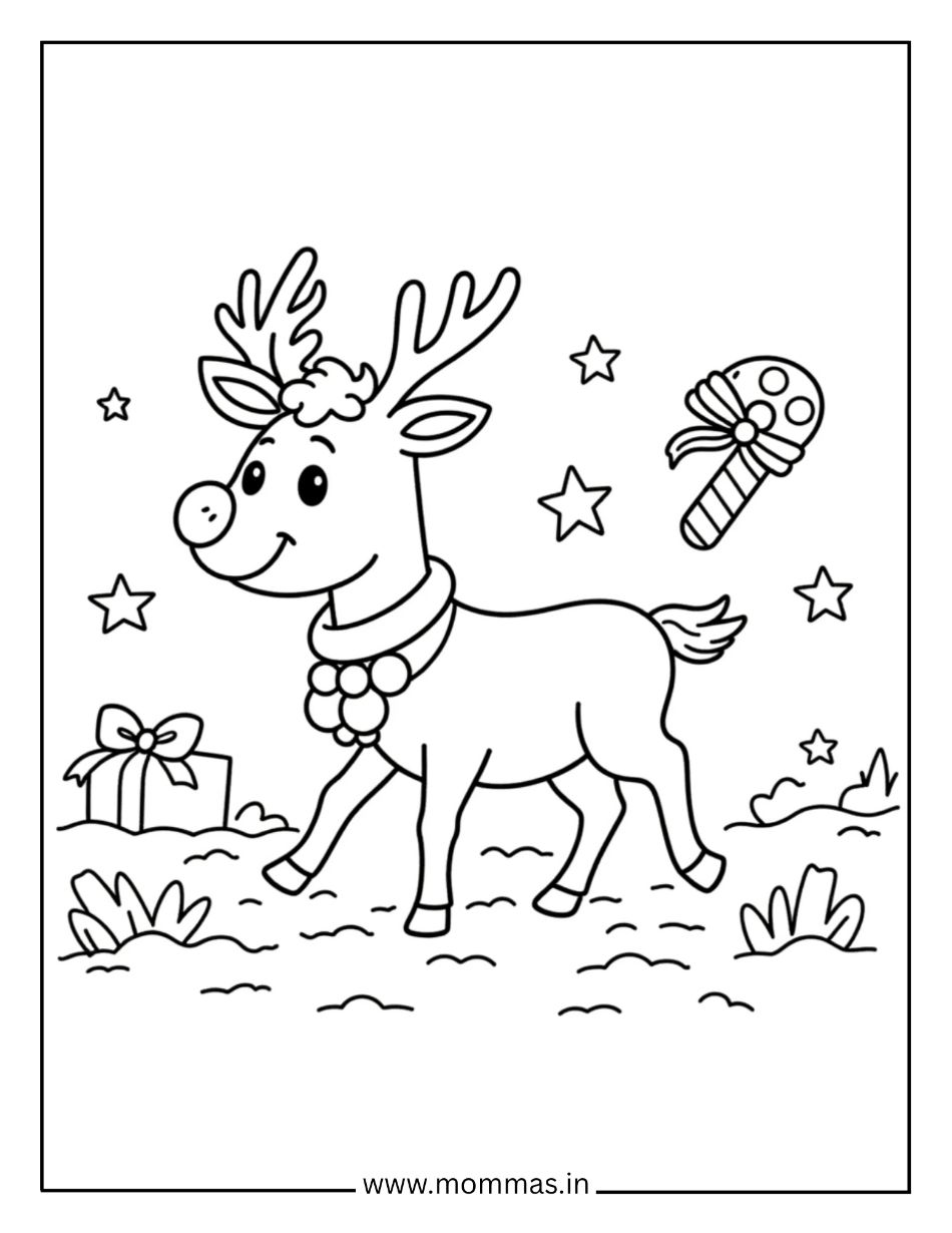Printable Christmas coloring pages featuring cheerful reindeer with candy cane, stars and presents for holiday fun