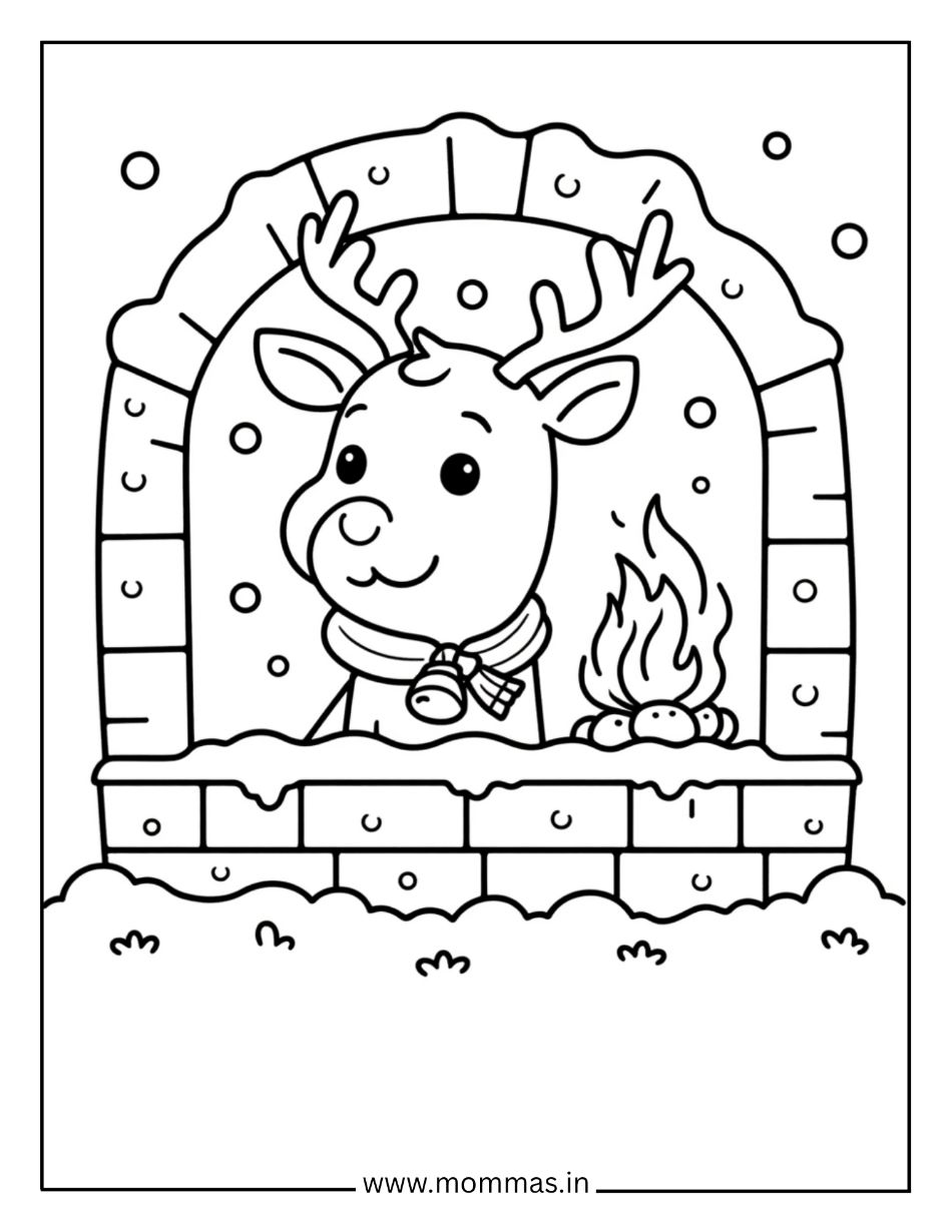 Printable Christmas coloring pages featuring cute reindeer in fireplace with snow and winter decorations for holiday fun