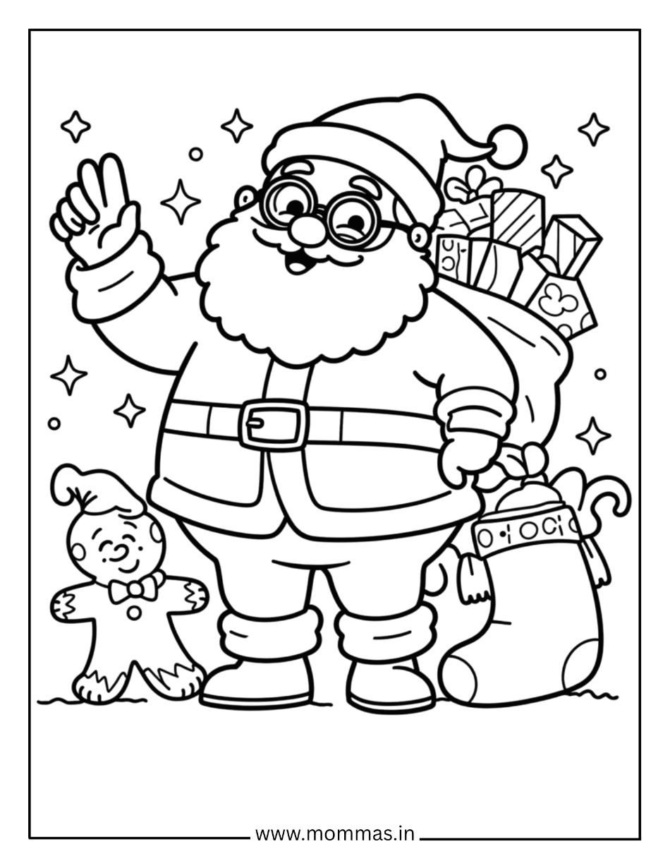 Printable Christmas coloring pages featuring Santa Claus waving with gift bag and gingerbread man for holiday fun