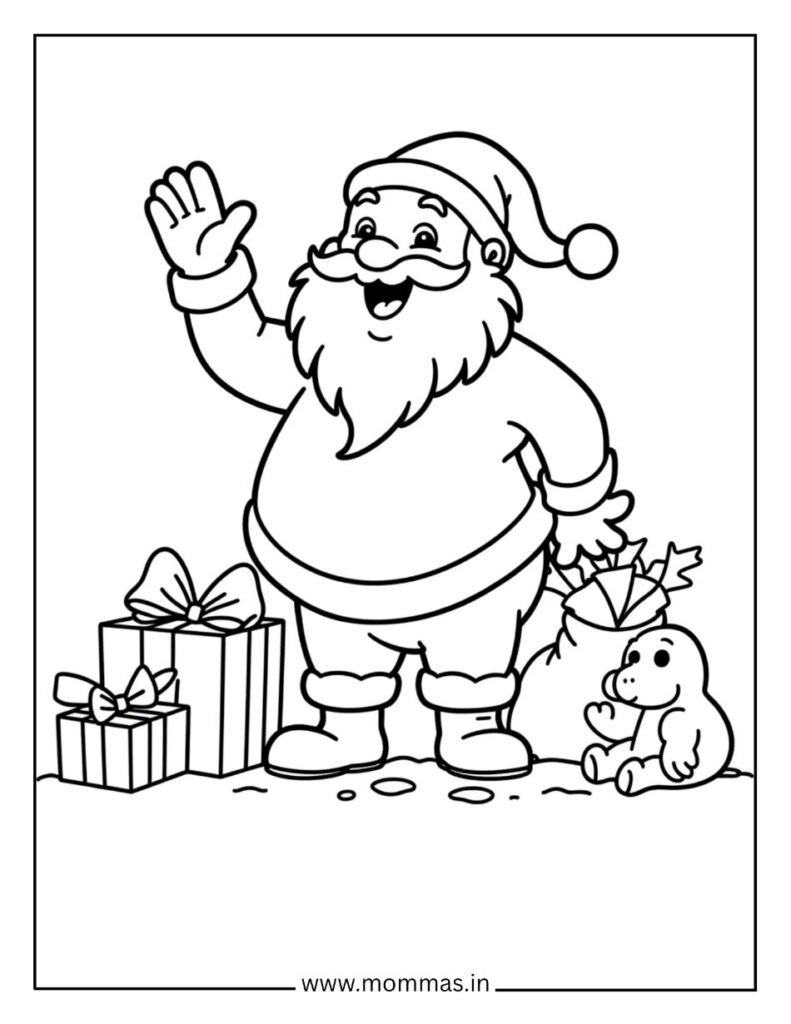 Printable Christmas coloring pages featuring Santa Claus with gift boxes and teddy bear for holiday celebration fun