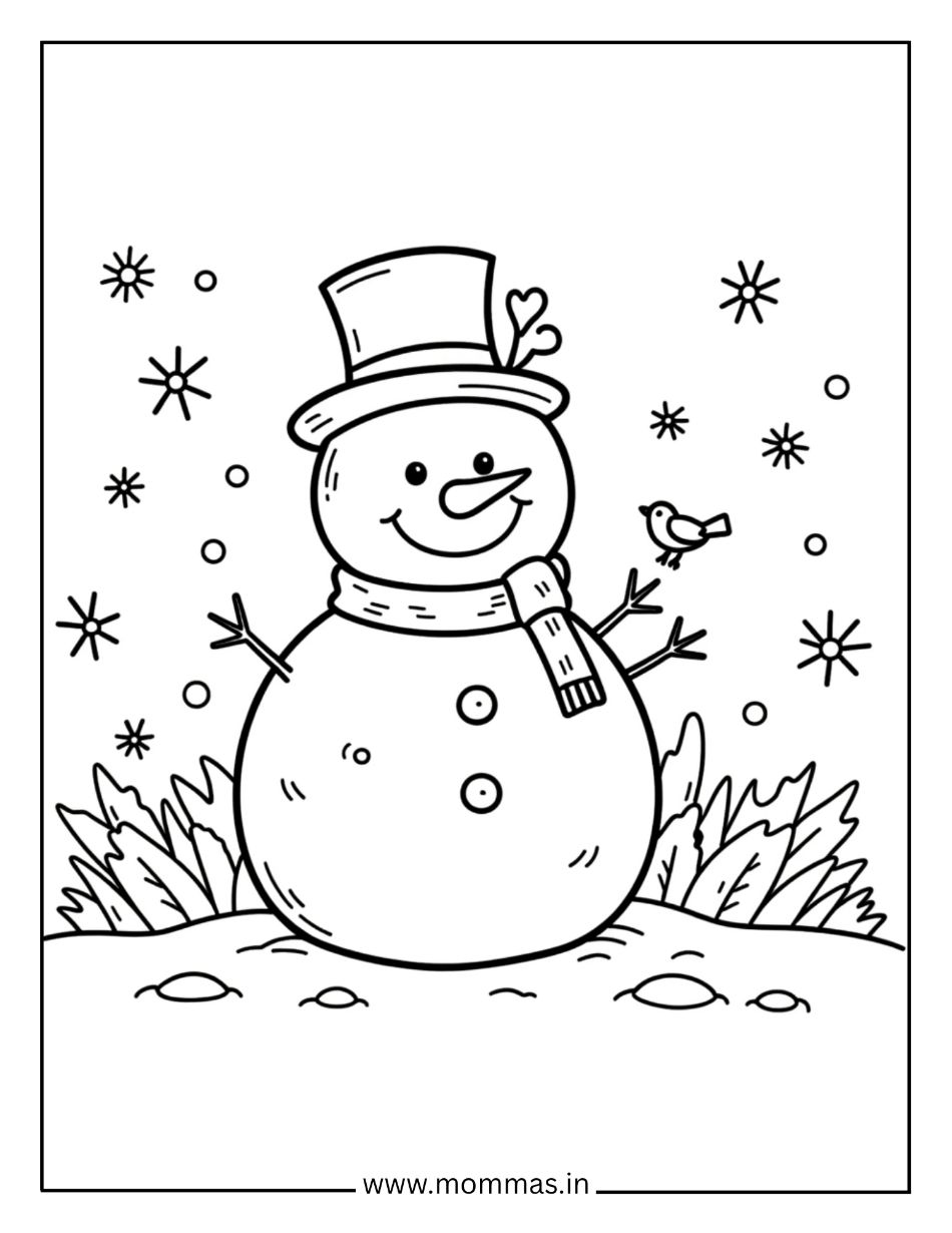 Winter Christmas coloring pages featuring cheerful snowman with top hat, scarf and bird friend surrounded by snowflakes