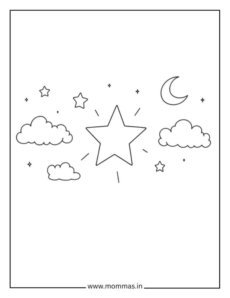 Beautiful Christmas coloring pages featuring Christmas star, crescent moon and clouds for peaceful nativity themes