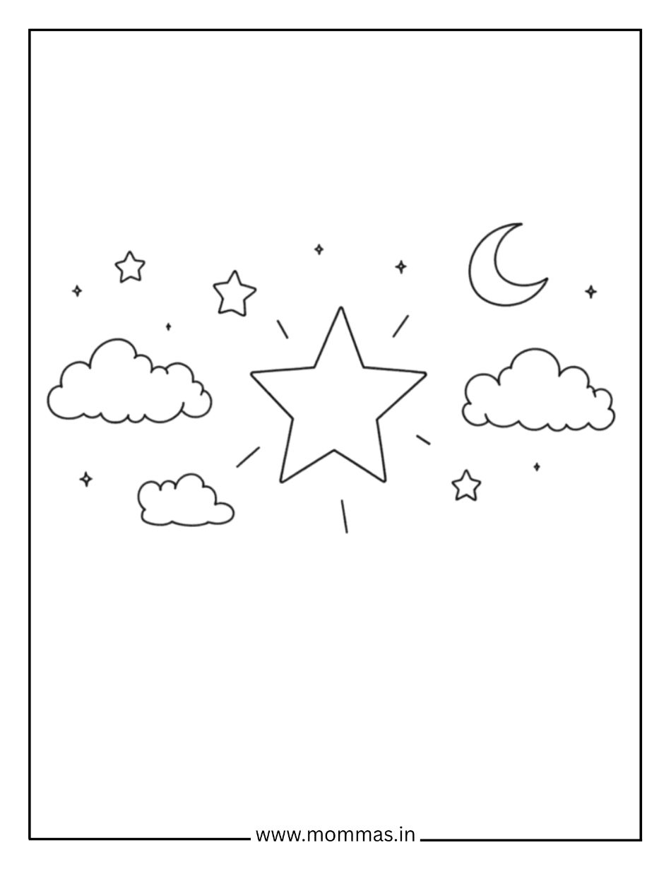 Beautiful Christmas coloring pages featuring Christmas star, crescent moon and clouds for peaceful nativity themes