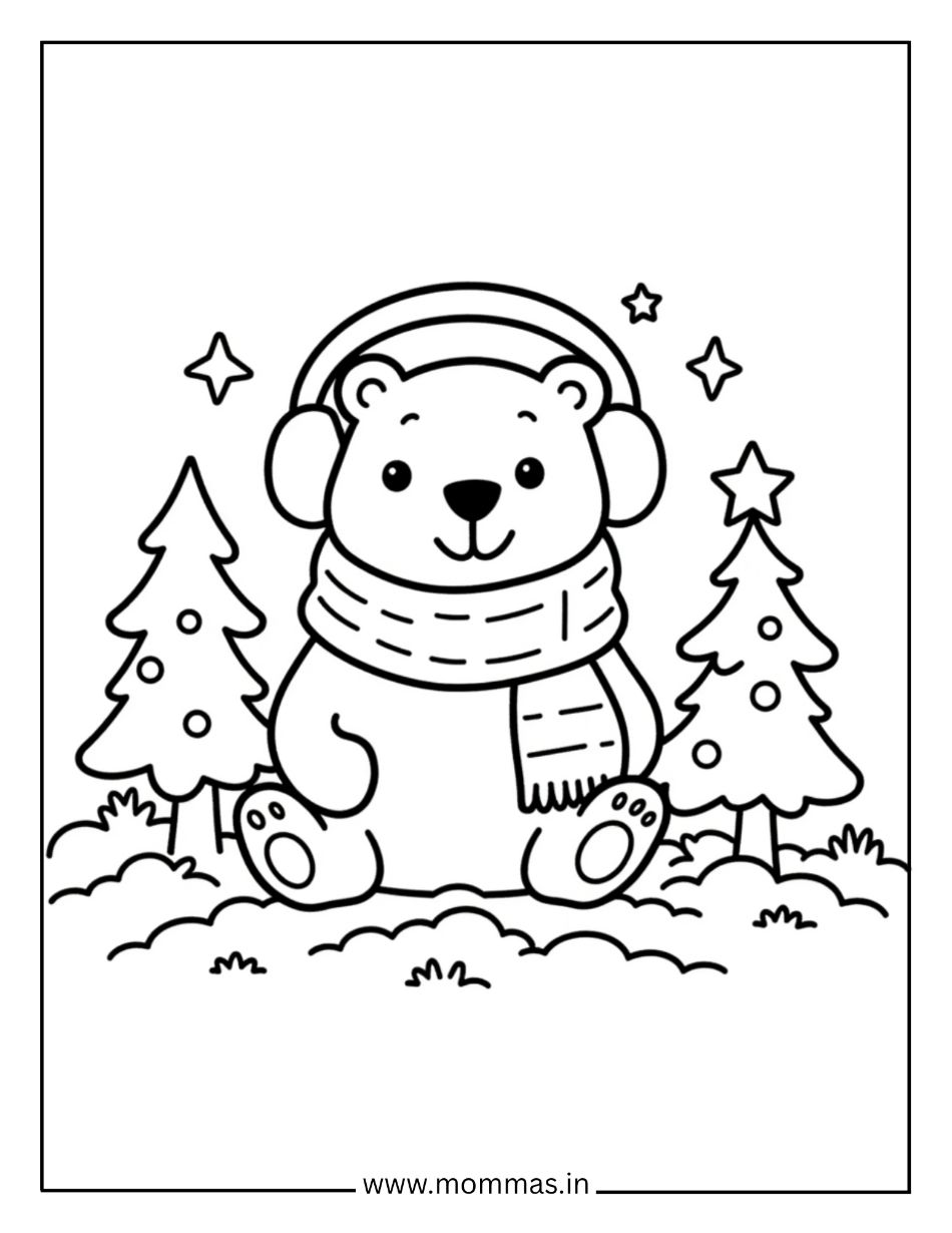 Cute Christmas coloring pages showing winter bear with headphones and Christmas trees with stars for holiday fun