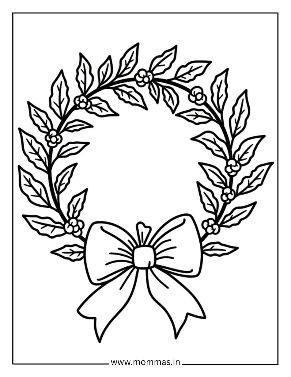 Traditional Christmas coloring pages showing Christmas wreath with holly leaves, berries and bow for decoration fun