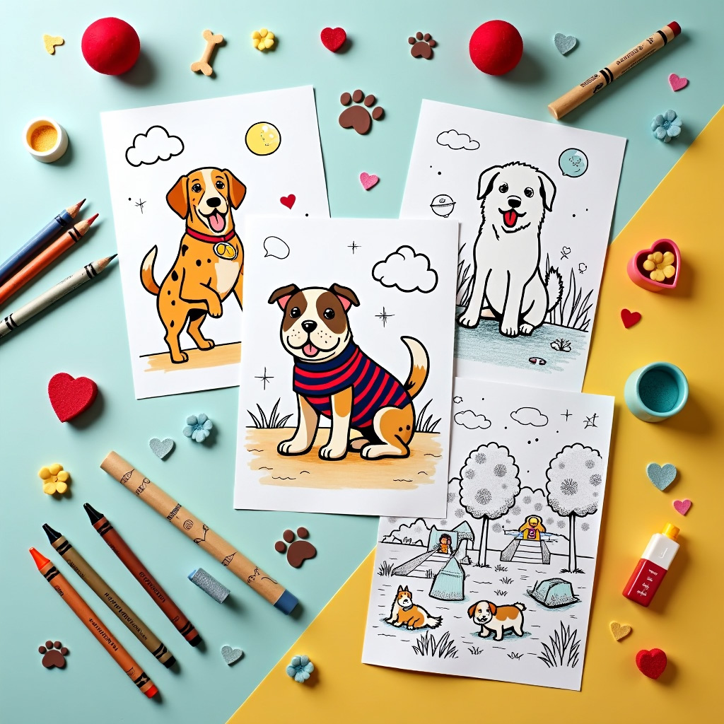 Dog coloring sheet with hidden bone puzzles in paw pad patterns