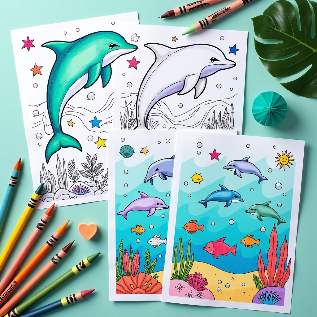 Dolphin coloring sheet with hidden biology puzzles in flipper patterns