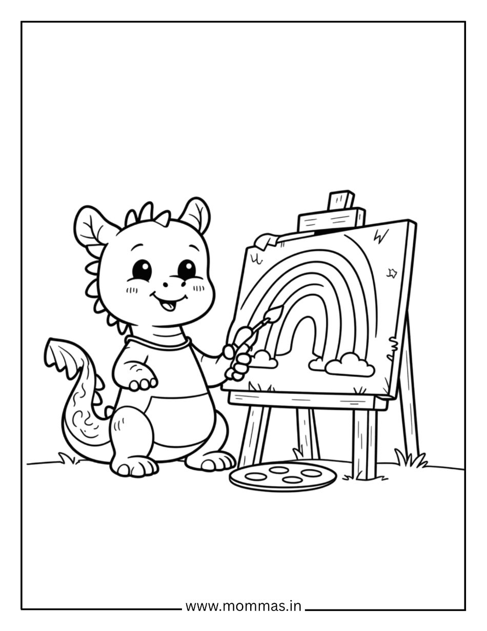 Creative dragon coloring pages featuring artistic dragon painting rainbow on easel with paint palette for art education.