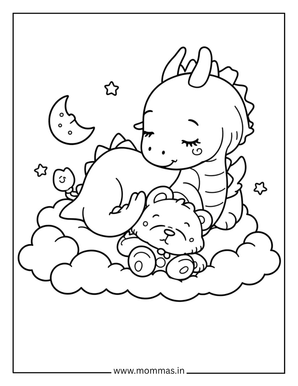 Bedtime dragon coloring pages showing sleeping dragon with teddy bear on clouds under moon and stars for calm.