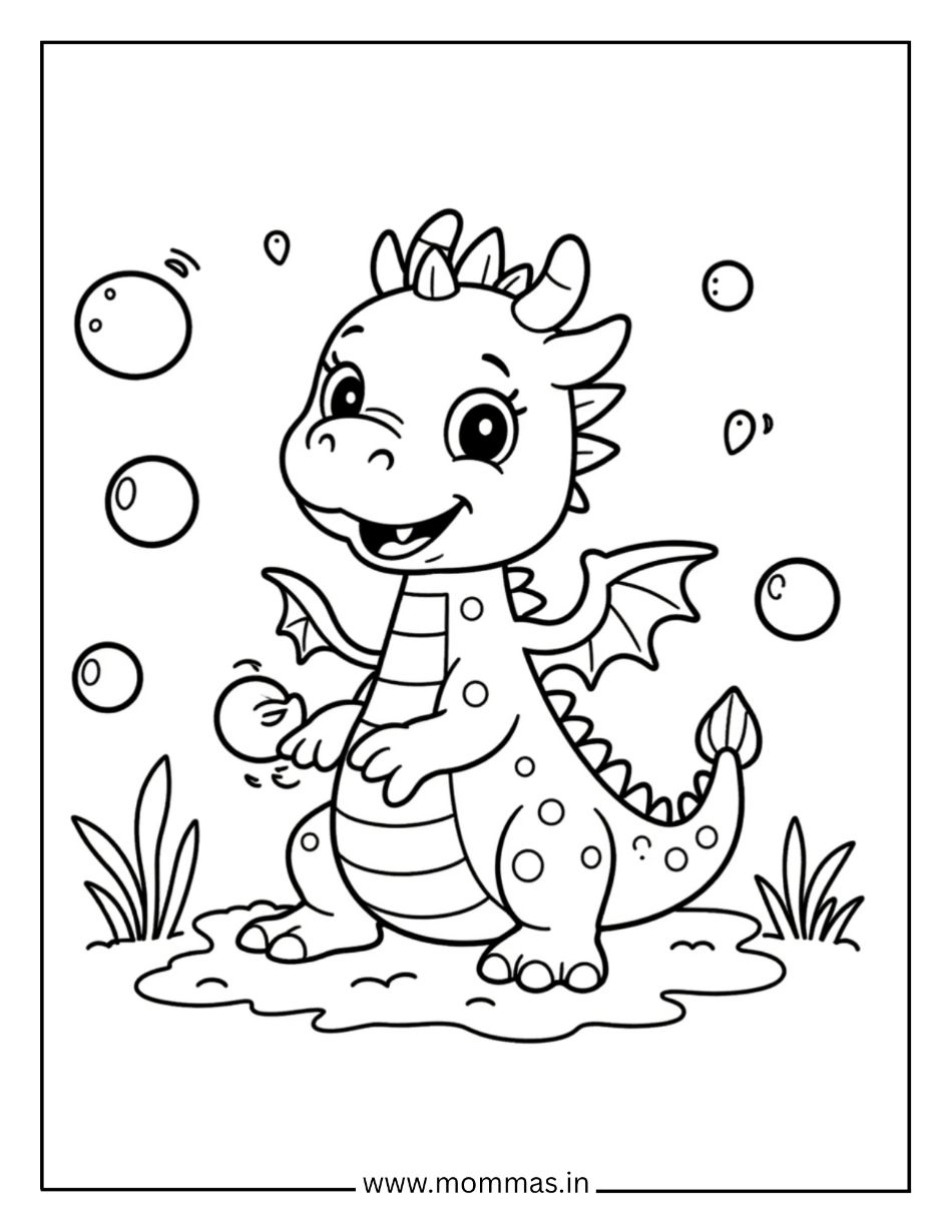Fun dragon coloring pages showing cheerful dragon with floating bubbles and grass for playful activities.